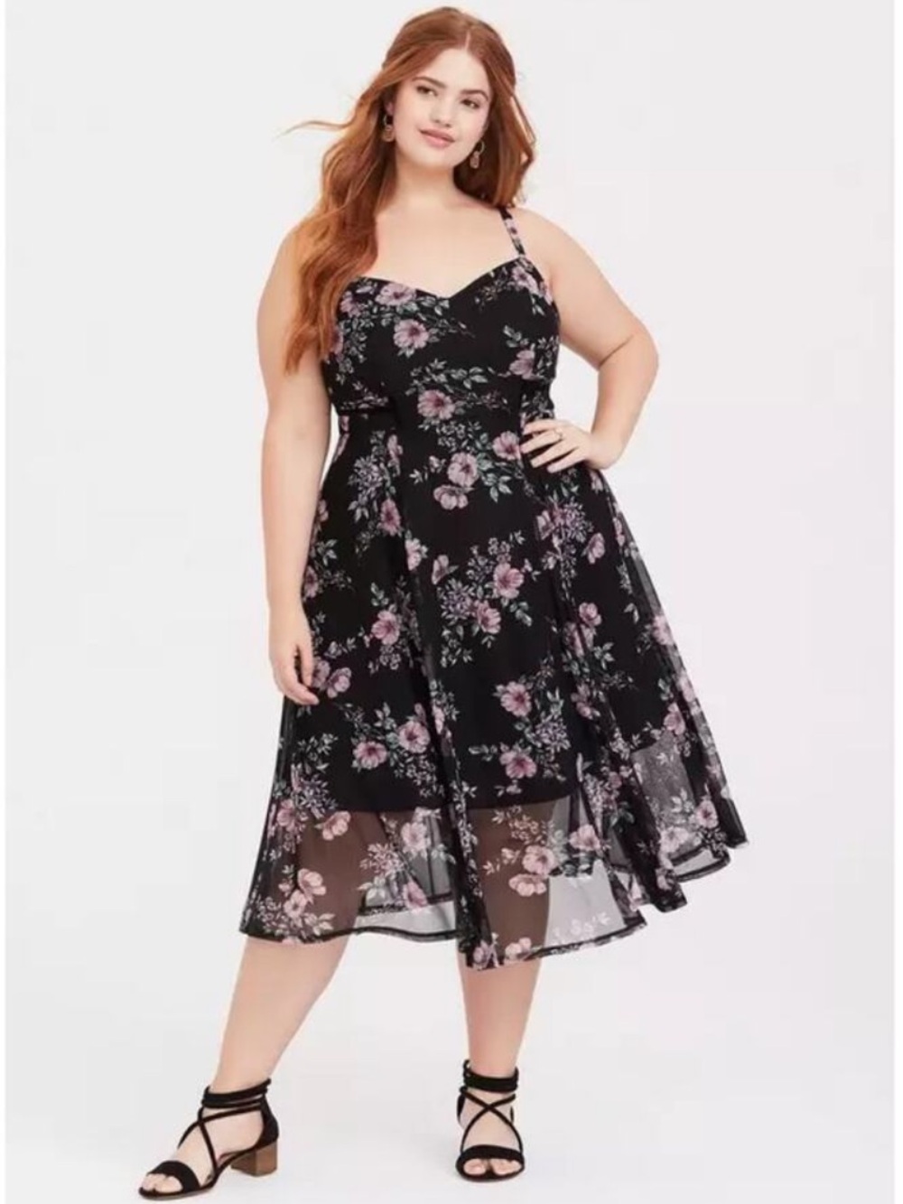 Torrid 1X Black Floral Mesh Bustier Fit and Flare Midi Dress